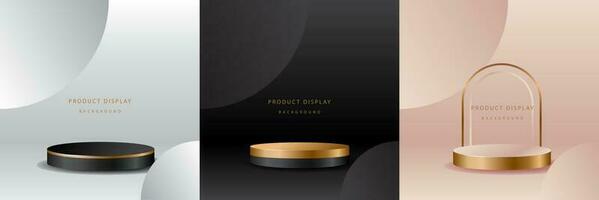 Luxury background with realistic cylinder pedestal podium. Abstract vector rendering geometric forms. Mockup product display. Stand to show products. Minimal wall scene. Stage showcase.