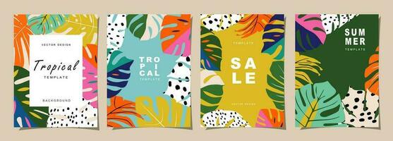 Summer template set for poster, card, cover, label, banner in modern minimalist style and simple summer design templates with tropical leaves, flower, and plants. vector