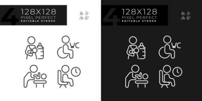 Rooms for baby care and rest pixel perfect linear icons set for dark, light mode. WC for disabled visitors. Thin line symbols for night, day theme. Isolated illustrations. Editable stroke vector