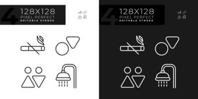 Toilet signs and service pixel perfect linear icons set for dark, light mode. Smoke prohibition in public restroom. Thin line symbols for night, day theme. Isolated illustrations. Editable stroke vector