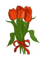 Flat vector red tulips bouquet on white background. Isolated vibrant floral composition. Perfect for greeting card, invitation, banner, social media graphics