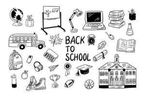 Set of hand drawn doodles. Back to school items. Vector isolated outline elements on white background. School, school bus, laptop, sneakers. Sketch design. Ideal for coloring pages, stickers, tatoo