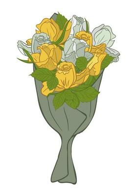 Bouquet of roses in craft wrapping paper . Hand drawn vector illustration. Botanical composition. Isolated floral bunch on white background for greeting card, invitation, background or banner.