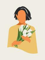 A stylish beauty in a yellow dress and with short black hair holds white tulips in her hands, feeling grateful. Spring card with International Women's Day, March 8. Vector. vector