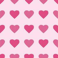 Pink hearts with polka dots and stripes on a pale pink background. Seamless pattern for romantic textiles, fabrics. For festive wrapping paper. Vector. vector