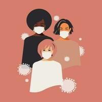 Women in medical masks of different nationalities and religions. Female solidarity. Coronavirus quarantine concept on pink background. People experience joy that they live and are healthy. Vector. vector