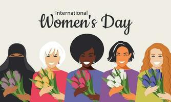 internacional De las mujeres día. multitud de moderno mujer de diferente nacionalidades y religiones en plano diseño estilo. mujer sonrisa con felicidad y sostener tulipanes en su manos. vector. vector