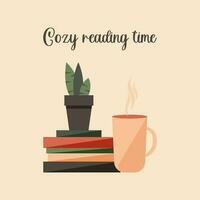 A cup of tea or coffee near a stack of paper books. Cozy reading at home or in the library. Indoor plant in a pot. Time to read and learn. Vector. vector