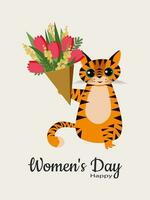 A striped red cat holds a bouquet with pink tulips and yellow mimosa in its paw. Spring cute card with International Women's Day. Funny Tiger with flowers congratulates all women. Vector. vector