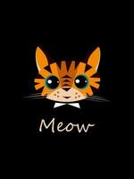 Cartoon tiger head on a black background and says Meow. Funny symbol of Happy Chinese New Year 2022. Design in a flat style. Vector illustration.