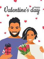 contento San Valentín tarjeta. un hombre da un ramo de flores de rosado tulipanes, un mujer entregó un sorpresa en un caja. festivo moderno romántico vertical póster. diseño en un plano estilo en un blanco antecedentes. vector. vector