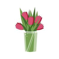 A chic bouquet of five pink tulips stands in a transparent glass modern vase. Beautiful flowers isolated on white background for greeting card decor. Vector. vector