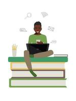 African American cheerful student, the guy sits with a laptop on the books. Online education concept in flat style. Stay at home. Vector. vector