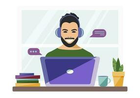 Stylish guy in headphones with a smile works remotely from home with a laptop during quarantine due to coronavirus. Getting an education online. Communication  via the Internet. Vector. vector