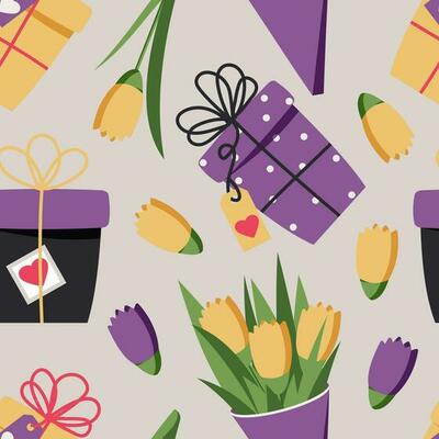 Yellow and purple tulips and assorted gift boxes. Seamless pattern for modern fabrics and wrapping paper festive springs. Vector.