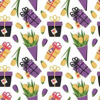 Yellow and purple tulips and assorted gift boxes. Seamless pattern for modern fabrics and wrapping paper festive springs. Vector. vector