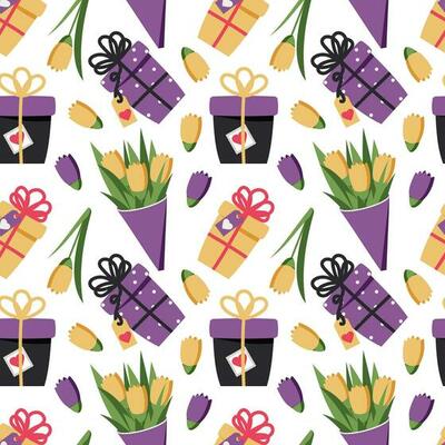 Yellow and purple tulips and assorted gift boxes. Seamless pattern for modern fabrics and wrapping paper festive springs. Vector.