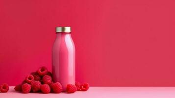 Raspberry smoothie  in a bottle isolated on pink background photo