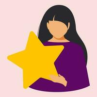 A woman in a purple dress holds a yellow star on a pink background. The manager of the online store invites the client to evaluate the level of service, leave a review. Flat style. Vector. vector