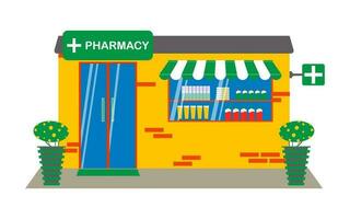 Yellow pharmacy building with pills, vaccines on a city street with a glass door and a showcase. The facade of the pharmacy is decorated with flower pots. Vector. vector