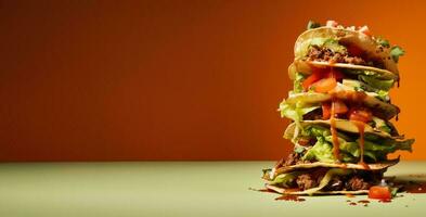 Stack taco in creative art way isolated on vivid background photo