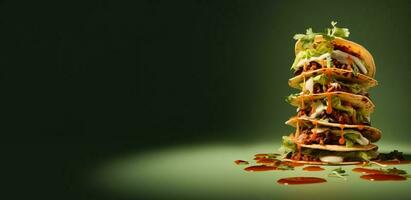 Stack taco in creative art way isolated on vivid background photo