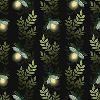 Fireflies in the grass. Seamless pattern. Vector illustration