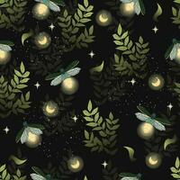 Fireflies in the grass. Seamless pattern. Vector illustration