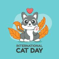 International Cat Day Vector Cartoon Illustration. Cute Cat With Leaves Flat Cartoon Concept.