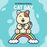 International Cat Day With Rainbow Vector Cartoon Illustration. Cute Cat Flat Cartoon Concept.