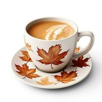 Spiced maple latte in a maple leaf-patterned cup isolated on white background photo