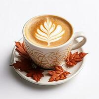 Maple latte in a maple leaf-patterned cup isolated on white background photo