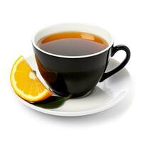 cítrico conde gris té en un negro taza aislado en blanco antecedentes foto