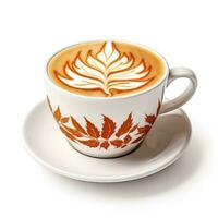 Maple latte in a maple leaf-patterned cup isolated on white background photo