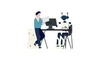 Generative AI robot work in office with people illustration vector