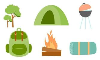 Cartoon camping and hiking equipment  tent and forest nature camp logo vector