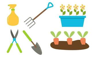 Collection of garden tools and plants gardening logo vector