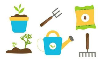 Collection of garden tools and plants gardening logo vector