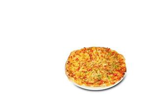 A hot pizza slice with dripping melted cheese. Isolated on white. photo