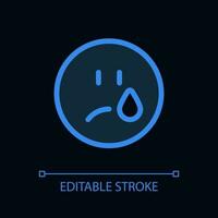 Crying face pixel perfect ui icon for dark theme. Depressed emotion. Color filled line element with transparency. Isolated vector pictogram for night mode. Editable stroked