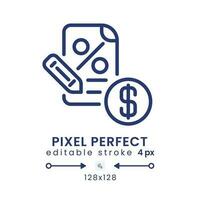 Tax filing linear desktop icon. Accounting software. Due date. Business income. Pixel perfect 128x128, outline 4px. GUI, UX design. Isolated user interface element for website. Editable stroke vector