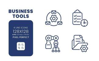 Business tools linear desktop icons set. Enterprise development. Process automation. Pixel perfect 128x128, outline 4px. Isolated user interface elements pack for website. Editable stroke vector