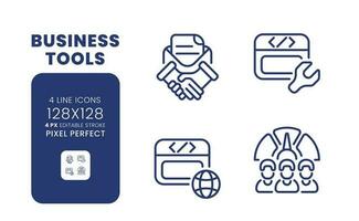 Business tools linear desktop icons set. Computer technology. Collaboration software. Pixel perfect 128x128, outline 4px. Isolated user interface elements pack for website. Editable stroke vector