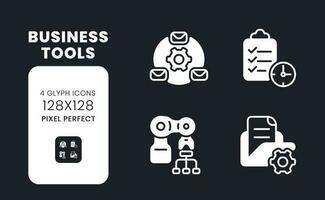 Business tools white solid desktop icons set. Enterprise development. Process automation. Pixel perfect 128x128, outline 4px. Symbols for dark theme. Glyph pictograms. Vector isolated images