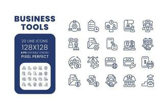 Business tools linear desktop icons set. Project management software. Enterprise applications. Pixel perfect 128x128, outline 4px. Isolated user interface elements pack for website. Editable stroke vector