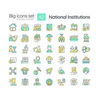 National institutions RGB color icons set. Patterns of behavior. Social system. Society framework. Isolated vector illustrations. Simple filled line drawings collection. Editable stroke