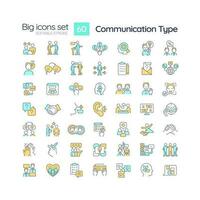 Communication type RGB color icons set. Social interaction. Project management. Information transmission. Isolated vector illustrations. Simple filled line drawings collection. Editable stroke