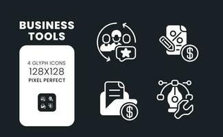 Business tools white solid desktop icons set. Enhance teamwork. Process management software. Pixel perfect 128x128, outline 4px. Symbols for dark theme. Glyph pictograms. Vector isolated images