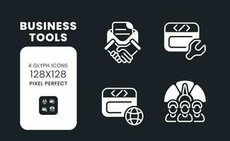 Business tools white solid desktop icons set. Computer technology. Collaboration software. Pixel perfect 128x128, outline 4px. Symbols for dark theme. Glyph pictograms. Vector isolated images