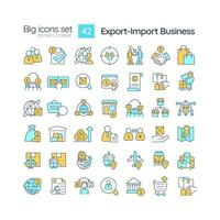 Export import business RGB color icons set. International trade. Global logistics. Air cargo. Freight forwarding. Isolated vector illustrations. Simple filled line drawings collection. Editable stroke